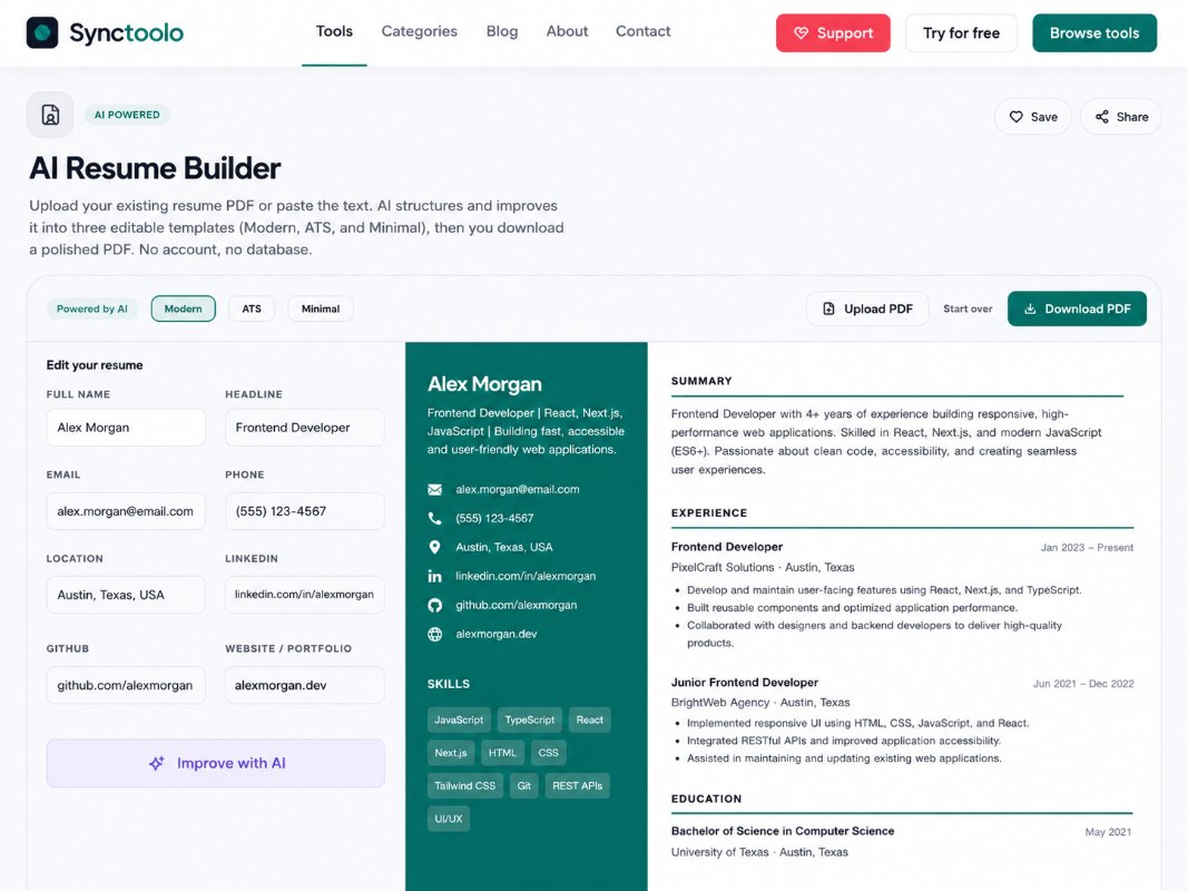Synctoolo AI Resume Builder interface