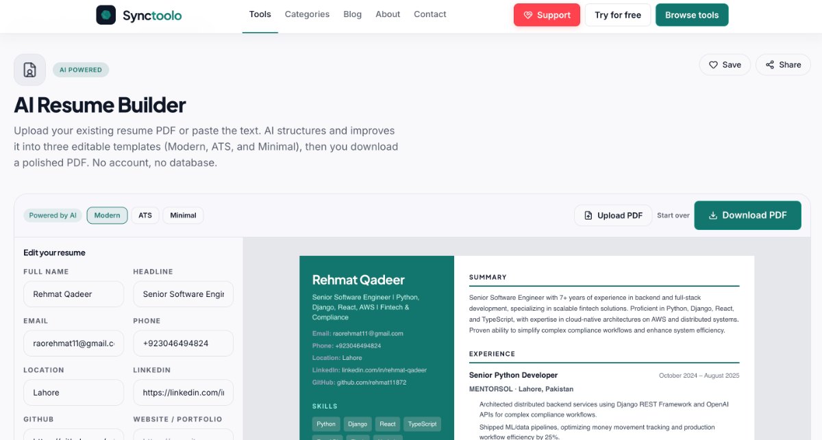 Synctoolo ai resume builder